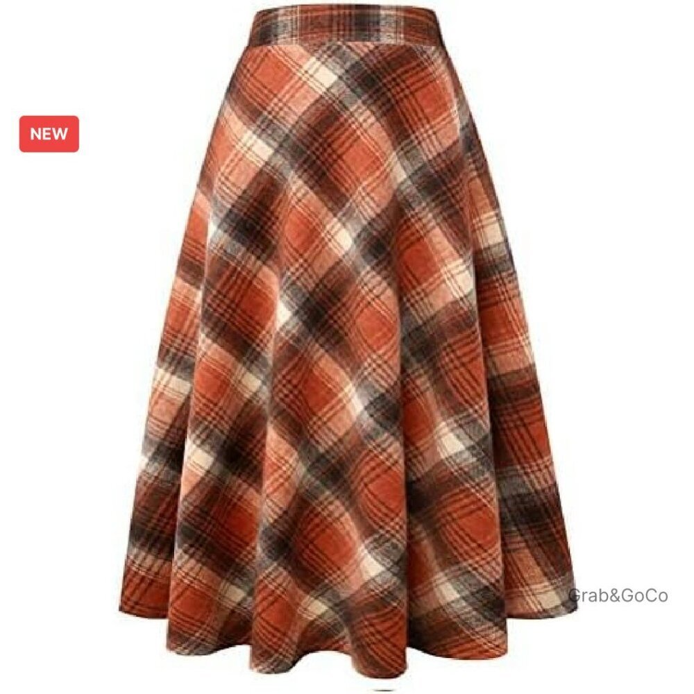 Wool Plaid A-Line Skirt High Waist Pleated Midi Vintage Elegant Fall Winter